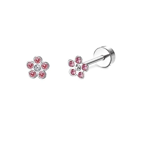 Macro detail of silver flower labret stud with pink and white rhinestones and flat back