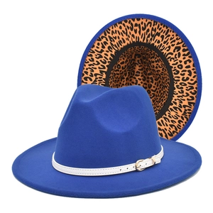 Detail showing the royal blue wool jazz hat with leopard print lining and leather strap
