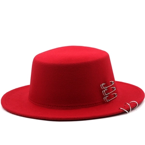 Boater Hat Flat Top Polyester Felt With Metal Rings And Safety Pins Punk Style Wide Brim Jazz Fedora Hat