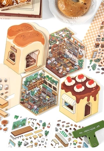 3D bakery themed PET stickers and foldable miniature scene card for DIY scrapbooking
