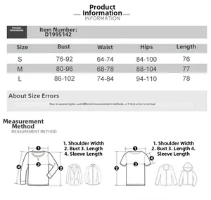 Detailed sizing guide showing bust, waist, and hip measurements for the bodycon dress