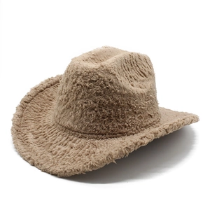 Khaki plush western cowboy hat with wide brim and soft faux fur texture on white background