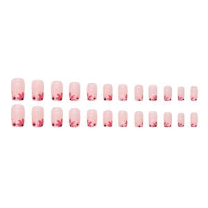 Set di 24 unghie finte tonde corte rosa con motivi floreali rossi e a pois