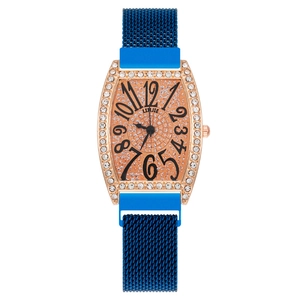 Women's rose gold tonneau quartz watch with blue mesh strap and crystal bezel