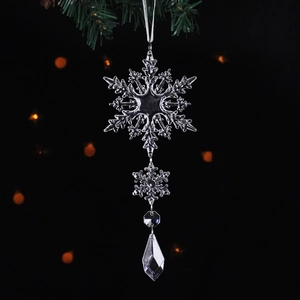 Clear snowflake Christmas tree hanging ornament with crystal pendant and white ribbon