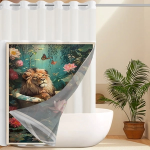 Detail of waterproof polyester shower curtain featuring lion, forest and lotus floral design
