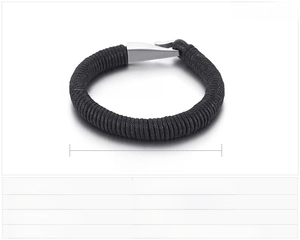 Detail view of woven leather rope bracelet with stainless steel hook clasp and size guide