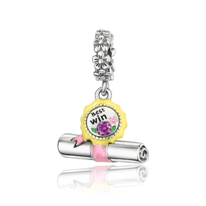 Detail of silver graduation scroll bead with pink ribbon and Best Win badge on white background