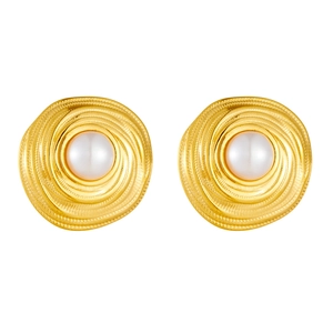 Elegant gold titanium steel earrings with white pearl and spiral texture on white background