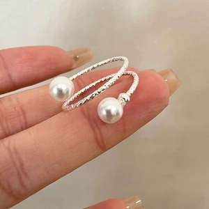 Elegant multi-layer silver open ring featuring double pearls and textured band design
