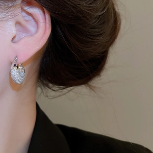 Close-up of elegant silver hoop earrings with shimmering zircons worn by a model