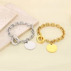 Stainless Steel Chunky Chain Bracelet With Blank Round Disc Charm And Toggle Clasp For Women Minimalism Punk Style
