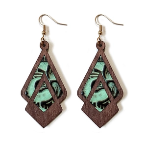 Bohemian geometric wood and turquoise rhombus earrings with vintage leather texture