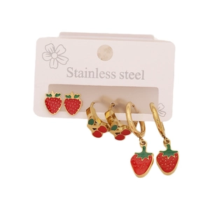 Three-pair set of cute strawberry and cherry earrings in stainless steel on white card