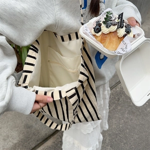 Detailed internal view of the striped canvas tote bag showing the zipper inner pocket
