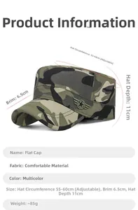 Detail of camouflage military cap featuring star wing embroidery and adjustable strap