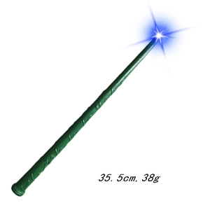 Detail of green wizard wand showing 35.5cm length and blue LED light at the tip