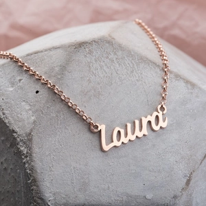 Customized Laura nameplate necklace in rose gold stainless steel for Mother's Day gift
