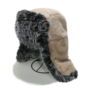 Winter faux fox fur trapper hat in beige and black with ear flaps for cold protection