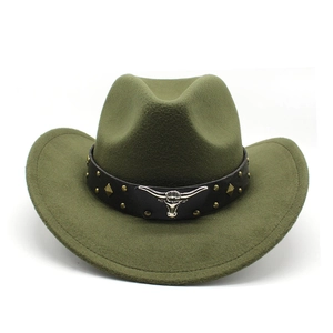 Detail of dark olive green wool felt cowboy hat with leather band and bull head emblem