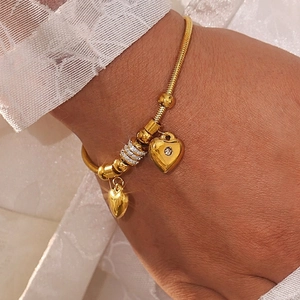 Mode Damen Edelstahl Gold Herz Charm Armband Mit Strass Eingelegt Verstellbar Schlangenkette Schmuck Geschenk