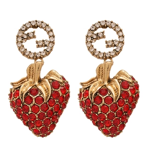 Vintage style strawberry earrings with red rhinestones and golden G letter charms