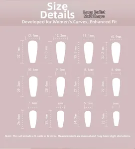 Detailed size guide for long ballet press-on nails featuring 12 sizes with measurements