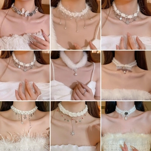Collier Choker En Fausse Fourrure D'Hiver Avec Pendentif Flocon De Neige Zircon Künstliche Perle Élégant Bijoux De Fête De Noël Pour Femmes
