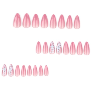 Pink ombre almond fake nails with hand-painted floral art and shimmering cat-eye finish