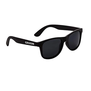 Classic black Groom wedding sunglasses with white text on the side for groomsmen gift