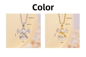 Detail showing bow pearl pendant dimensions 15.7mm by 12.9mm and 40cm plus 5cm chain length