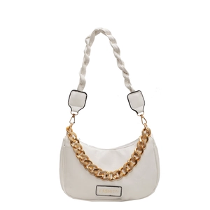 Chic white crescent shoulder bag with bold gold chain and woven leather strap