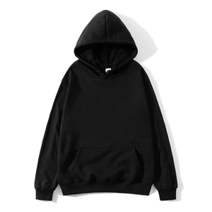 Classic black long sleeve drawstring hoodie with kangaroo pocket on a white background