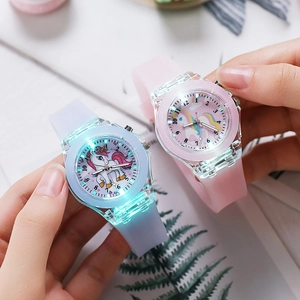 Luminous unicorn kids watch set in pink and blue silicone with LED flashing lights