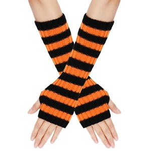 Detail of knitted fingerless arm sleeves with orange and black striped pattern