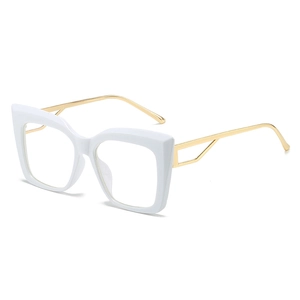 White cat eye blue light blocking glasses with gold metal temples shown at a 45-degree angle