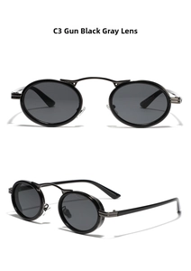 Detail view of gunmetal oval punk sunglasses with grey lenses and double bridge design