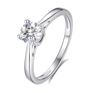 Classic S925 sterling silver four-prong ring with a brilliant round moissanite gemstone