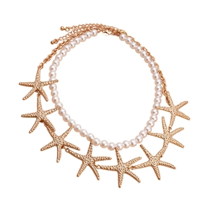 2-layer vacation style necklace with white faux pearls and gold starfish pendants