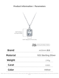 Detailed size specifications for 1.0ct emerald cut Moissanite S925 silver necklace