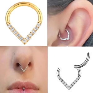 G23 titanium V-shaped hinged nose ring with sparkling zircons in gold and silver