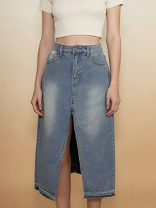 High-waist denim maxi skirt in vintage blue with a front slit and slim fit for women