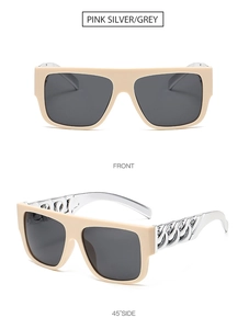 Detail of pink sunglasses with silver metal chain arms and dark grey lenses in two views