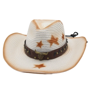 Western straw cowboy hat with bull head ornament and star pattern for beach travel