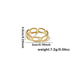 Golden titanium steel open ring with hollow chain design and product dimensions