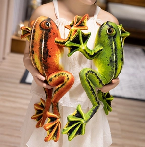 Detailed view of realistic frog plush dolls showing lifelike skin texture and long limbs