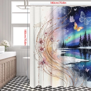 Polyester shower curtain 180x180cm featuring aurora forest and butterfly digital print