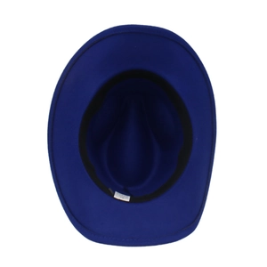 Detailed interior of blue felt cowboy hat showing black sweatband and white wash label