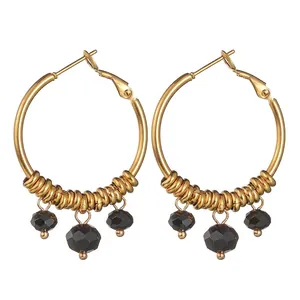 Bohemian 14K Gold Plated Stainless Steel Hoop Earrings For Women Geometric U-Shaped Rhinestone Bead Dangle Earrings Jewelry
