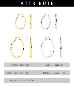 Detail showing 925 silver twisted hoop earrings with size specs and metal plating details
